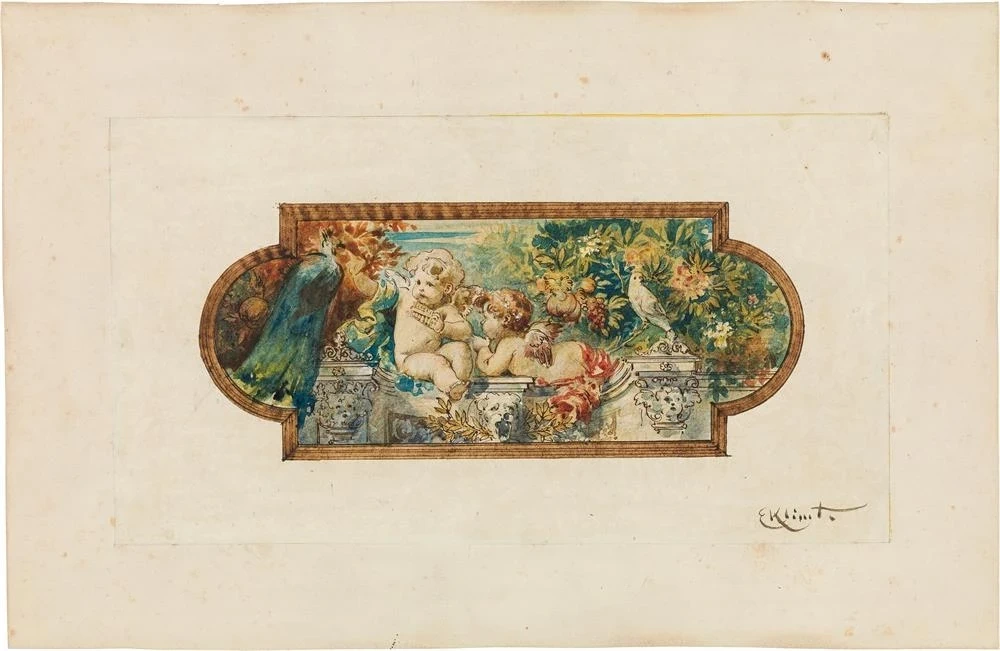 Due putti con un pavone e un piccione su una balaustra, circa 1883